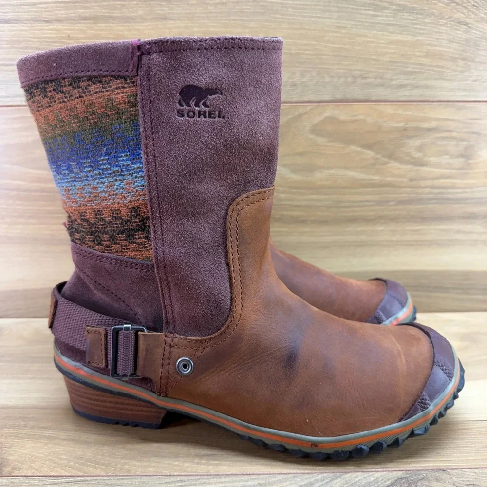 Sorel Slim Shortie Boots Womens 8.5 Bonfire Rust Brown Waterproof Pull On